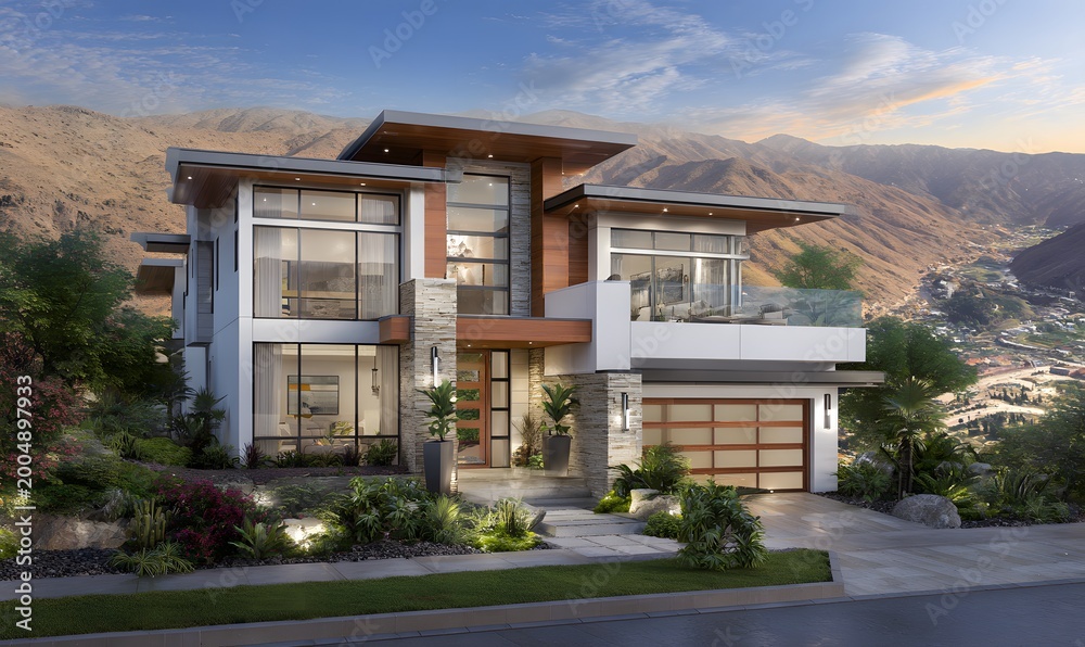 Fototapeta premium Modern two-story house with white walls and wooden accents
