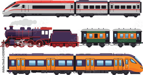 Bild auf Leinwand Various Train Models, High-Speed Modern, Vintage Steam, and Commuter Trains, Rai