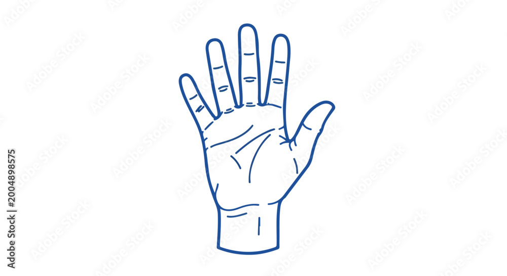 Fototapeta premium Minimalist blue line art hand icon, open palm gesture vector illustration, human hand anatomy sketch for medical and communication design