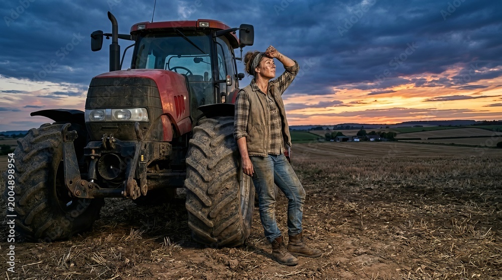 Obraz premium Farmer contemplates sunset with a tractor in the field.