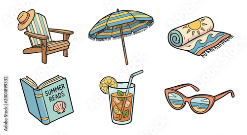 Fotografija Summer beach essentials illustration with chair, umbrella, and sunglasses