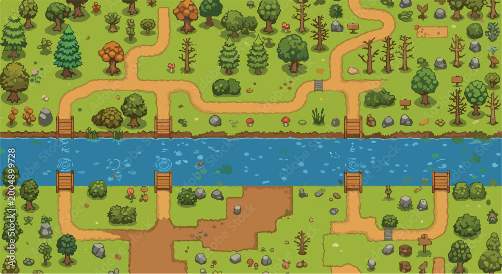 Naklejka premium Pixel art forest landscape with river and wooden bridges, retro 2D game map background, top-down nature environment for RPG game design