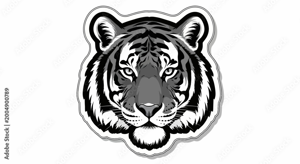 Fototapeta premium Tiger Face Sticker Illustration - Black and White Minimalist Design