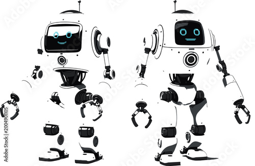 Obraz na płótnie Cute Cartoon Robot Character Front and Back View Isolated on White Background Ve