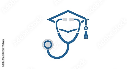 Blue stethoscope and graduation cap icon on white background for medical education
