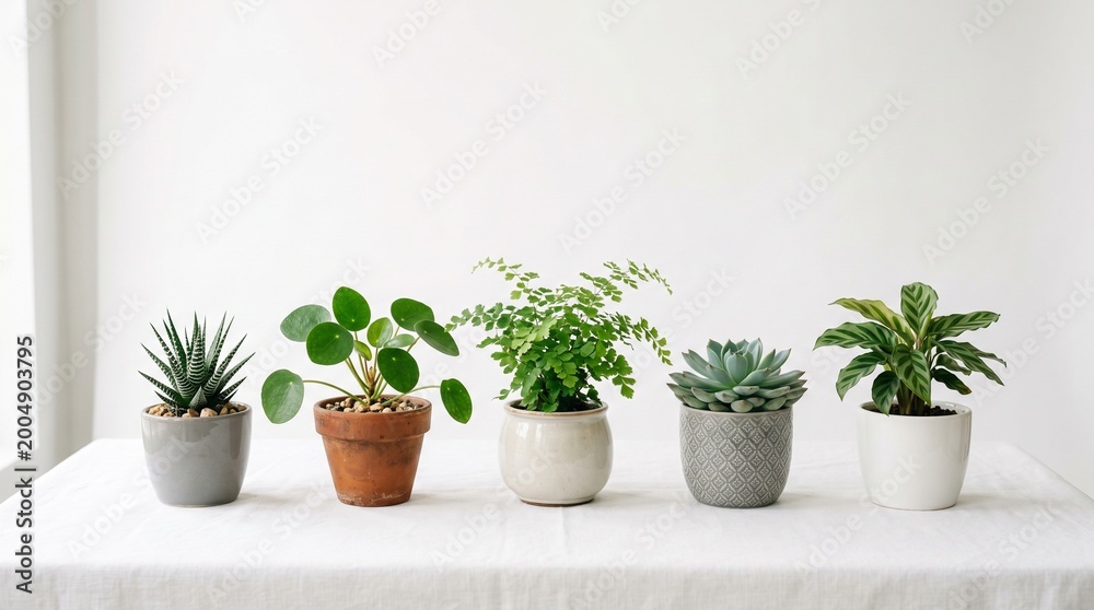 Fototapeta premium A serene indoor setting displays a row of potted plants on a table by the window.