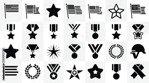 Foto Collection of silhouetted american flags stars medals ribbons wreaths and helmet