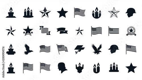 Fotografie Patriotic american icons collection stars flags eagles helmets candles silhouett