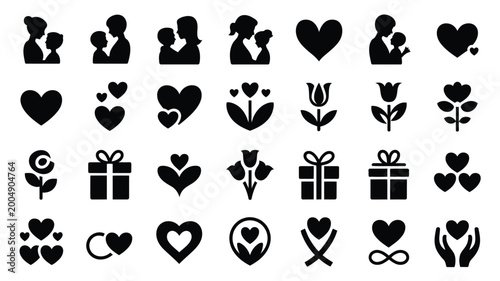 Collection of minimalist black silhouette icons representing love family motherhood and gifts featuring hearts flowers and parent child figures on a clean white background perfect