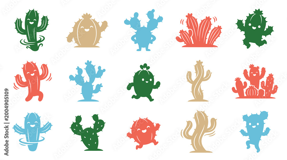 Naklejka premium Cute Cartoon Cactus Characters, Vector Illustrations