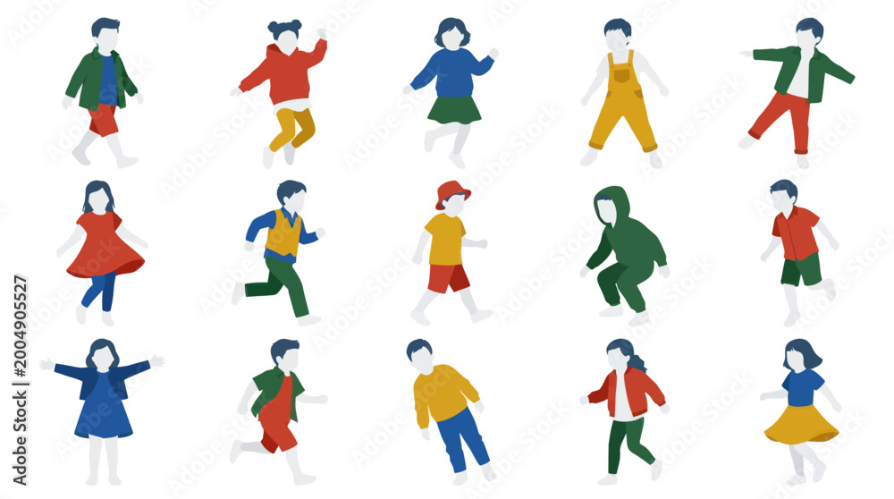 Fototapeta premium Children's Activities Vector: Diverse Kids Playing, Flat Design Asset