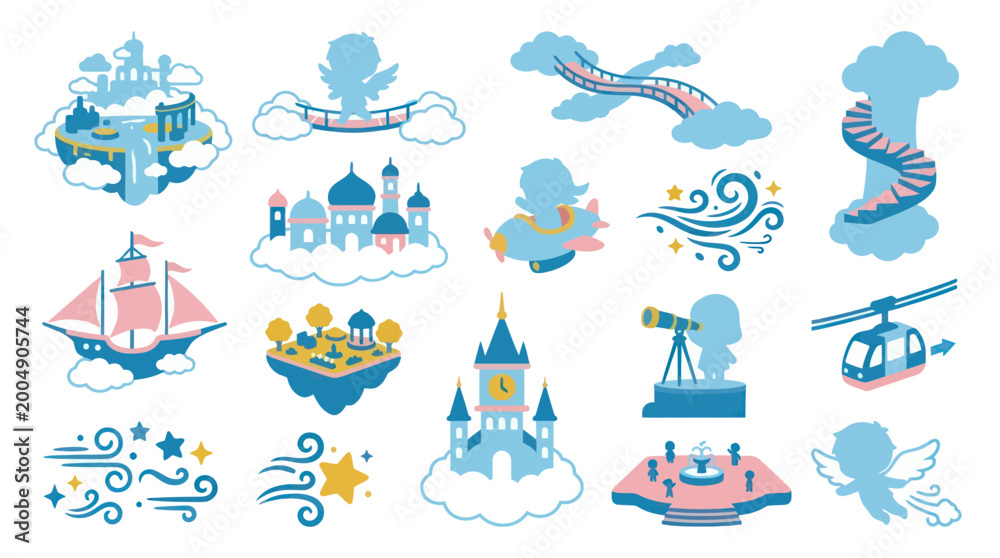 Fototapeta premium Fantasy Dreamland Elements Flat Vector Icon Set - Castle, Angel, Airship for Fairytale Stories