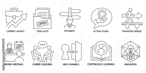 Career launch icons for action plans coaching and continuous learning innovation.Editable stroke, Vector illustration, Line art Icon, Symbols.