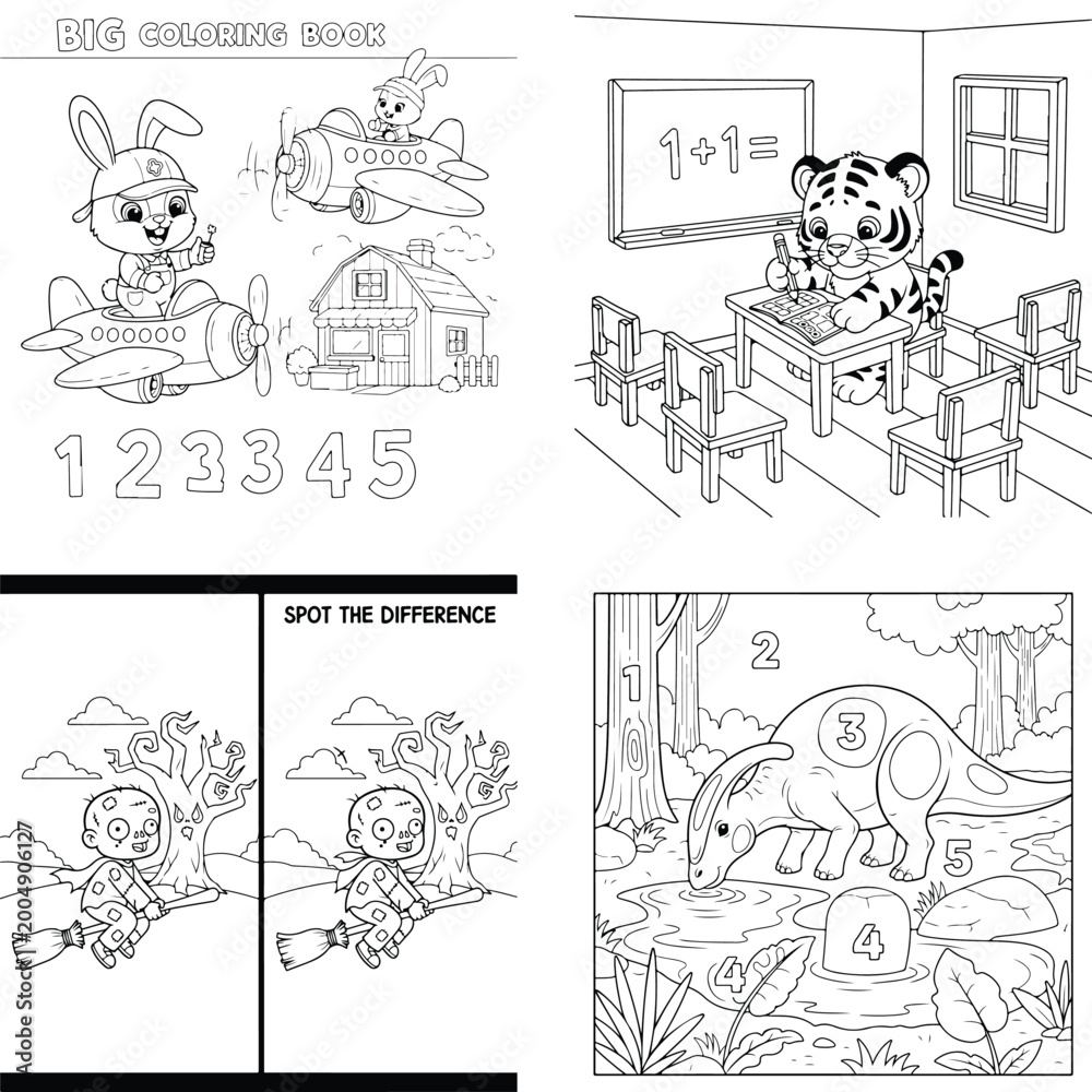 Fototapeta premium Educational coloring pages for children featuring cute animals and activities coloring activity