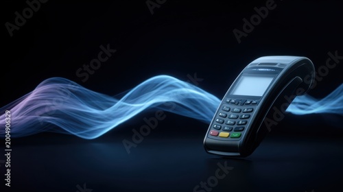 POS Terminal in the Digital Age: A sleek point-of-sale terminal stands, embraced by flowing streams of energy, symbolizing the seamless fusion of technology and commerce. 