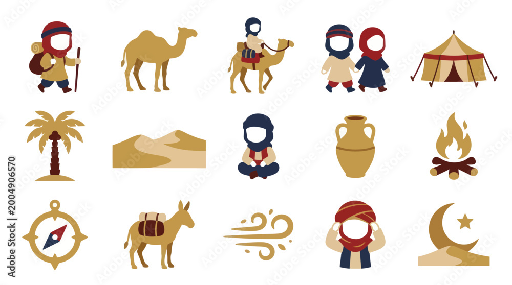 Fototapeta premium Arabian Desert Caravan Icons: Camel, Tent, Nomad, Oasis