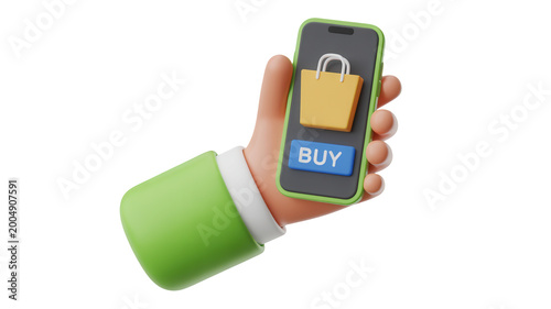 3d render of a cartoon hand holding a smartphone with a shopping bag icon and a buy button on the screen, concept of online shopping and ecommerce isolated on transparent background