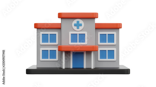 3d render of a hospital building icon, medical clinic facility with a cross sign on the front, isolated on transparent background