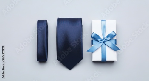 Navy Blue Silk Tie and Gift Box with Blue Ribbon on Gray Background