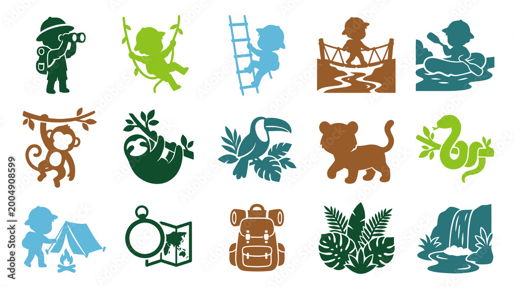 Fototapeta premium Jungle Safari Kids Adventure Flat Glyph Icons Set
