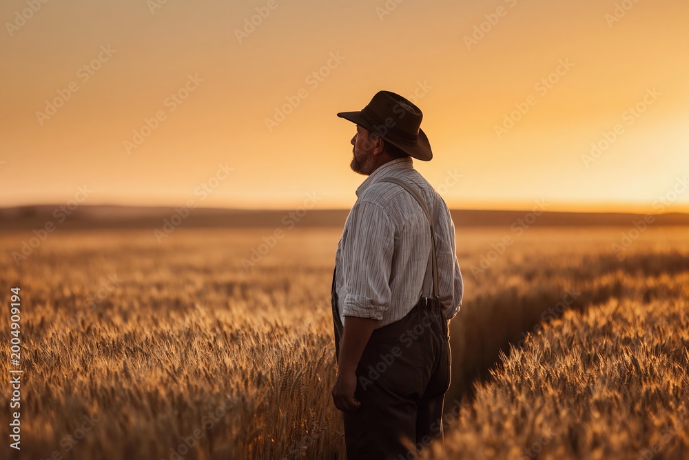 Fototapeta premium Farmer contemplates a golden wheat field at sunset, embodying perseverance