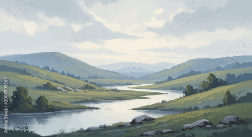 Serene digital landscape of a winding river through rolling green hills.