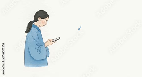 Illustration of a young woman in a blue kimono using a smartphone on a white background