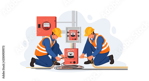 Two electricians working on electrical panel installation.
