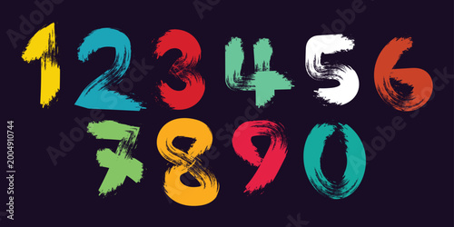Collection of colorful grunge brush hand drawn numbers from 0 to 9. Dirty painted numbers set. Hand drawn grunge symbols. 