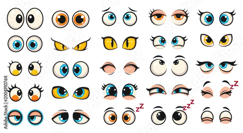 Set of cartoon eyes with different character expressions on white background