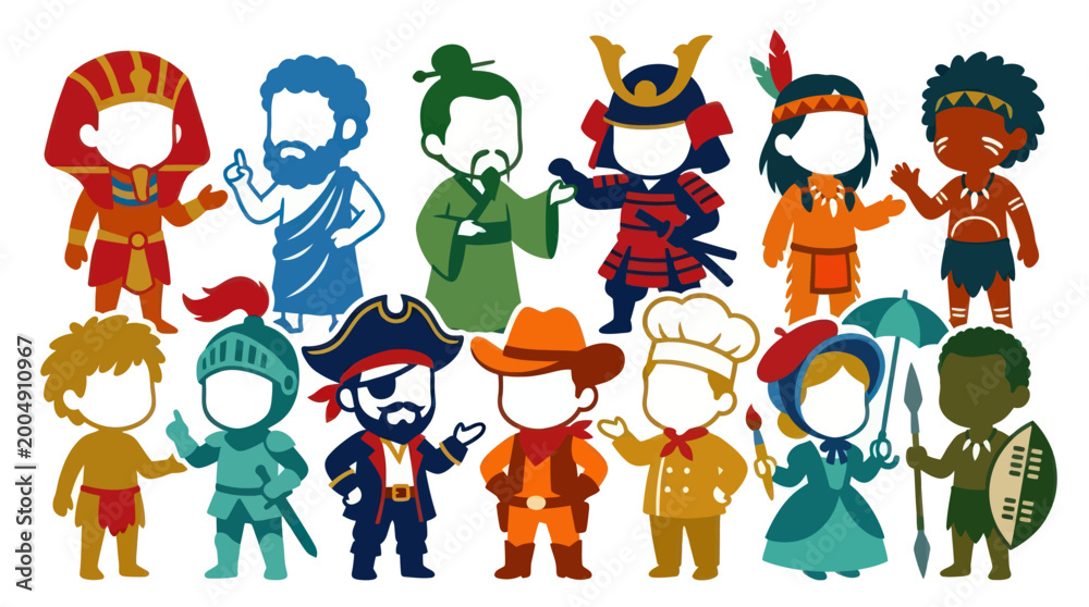 Obraz premium Flat Cartoon Cultural Historical Characters Collection for Education