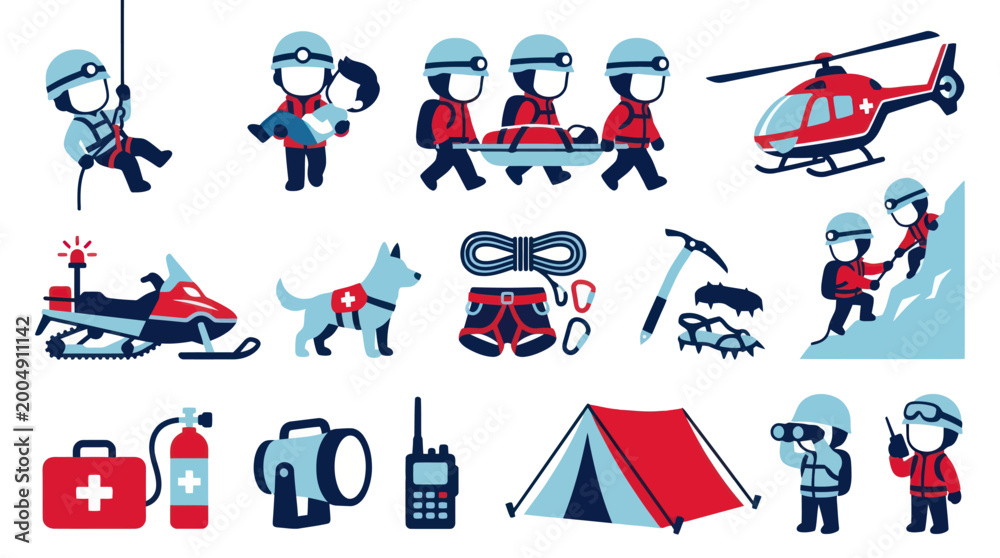 Fototapeta premium Flat Design Icons of Mountain Rescue Team and Equipment