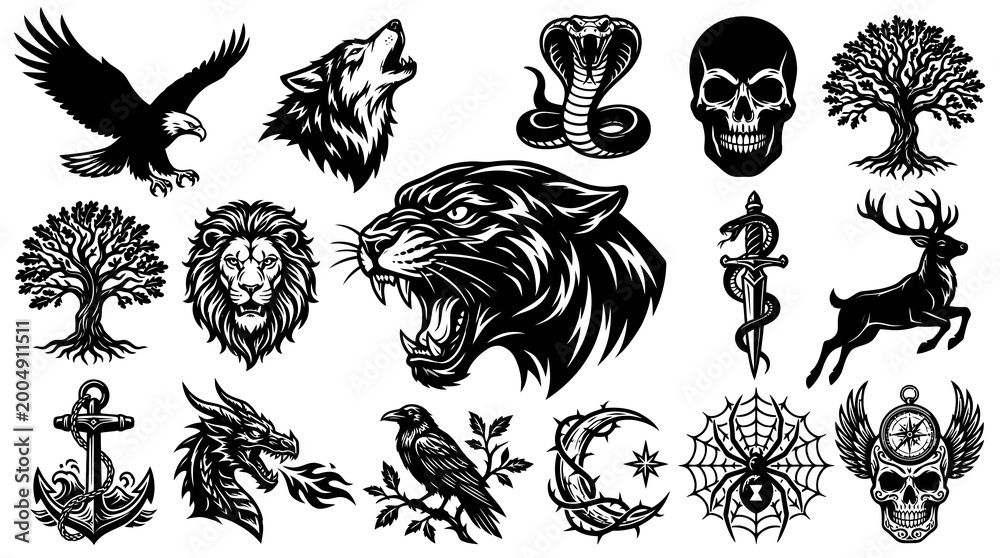 Fototapeta premium Black White Line Art Graphic Design Elements: Animals, Skulls Symbolic Icons Collection