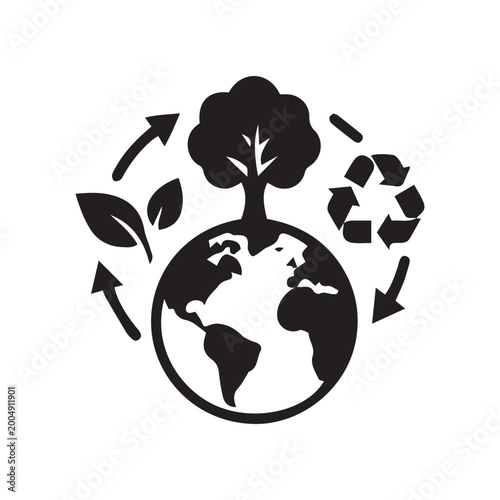 Eco friendly environment concept with earth globe, tree, leaves, and recycle arrows icon on white background