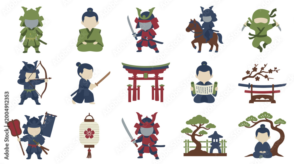 Fototapeta premium Japanese Samurai Ninja Icons Flat Art Style Vector Set