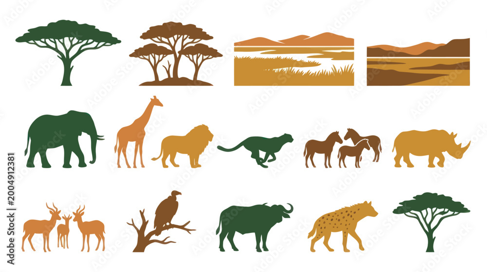 Fototapeta premium African Wildlife Safari Flat Silhouette Vector Icons Set - Animals, Trees Landscapes