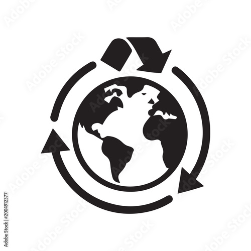 Global recycling concept with earth globe and circular arrows symbol on white background