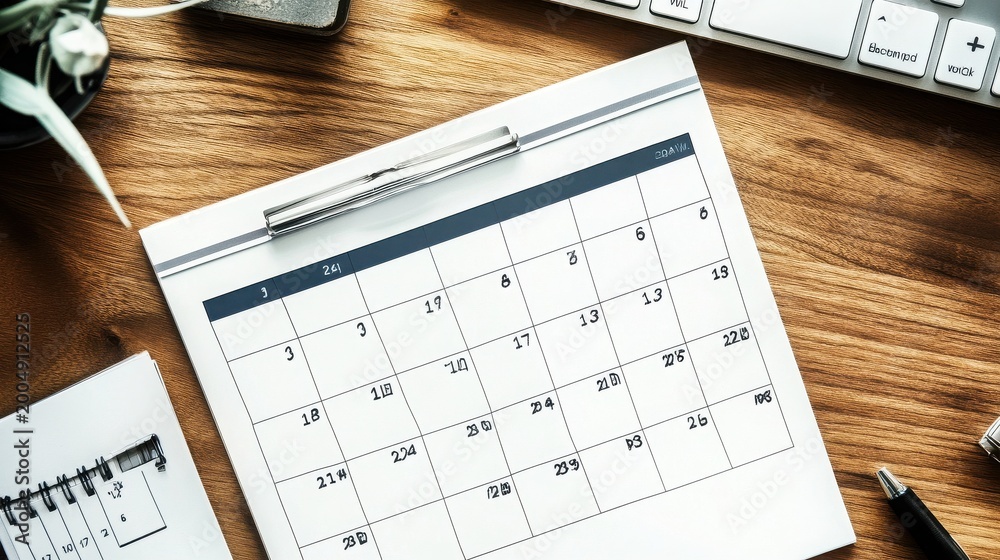 Fototapeta premium calendar planner on wooden desk with keyboard and pen