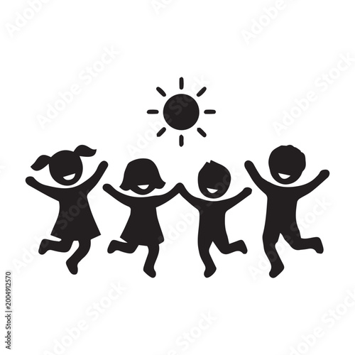 Happy children jumping and playing together under the sun icon on white background