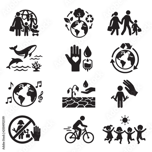Ecological and social icons set with earth day, family, recycling, and environmental conservation symbols on white background