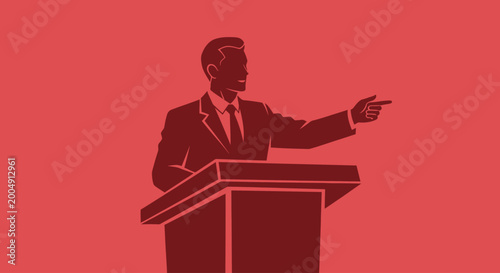Tableau sur toile Businessman in suit speaking at podium pointing on red background