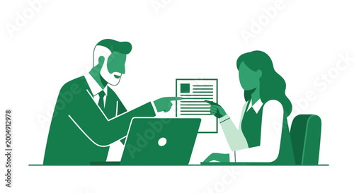 Quadro su tela Business colleagues discuss document at desk with laptop