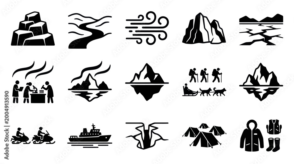 Obraz premium Arctic and Polar Exploration, Winter Adventure, and Climate Research Glyph Icons