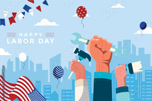 Modern flat vector illustration for American Labor Day featuring diverse worker hands holding construction and household tools