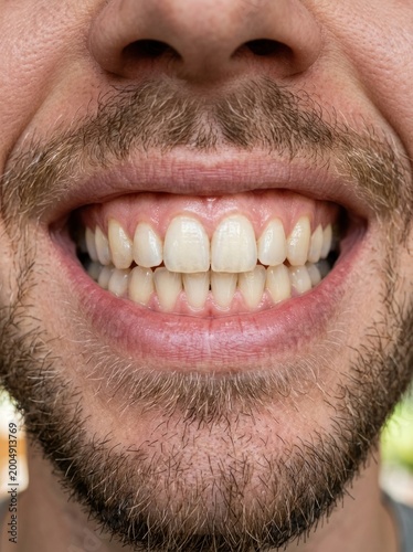 A man displays his teeth, revealing a slightly yellowed smile. He has a full, dark beard and mustache.