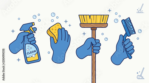 A vibrant collection of cleaning tools, including a spray bottle, sponge, broom, and scrub brush.