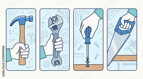 A sequence of hands uses common tools like a hammer, wrench, screwdriver, and saw in a visually organized format.