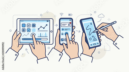 Multiple hands interact with digital devices displaying data and charts for analysis.
