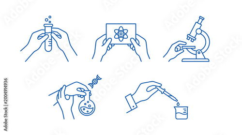 Hands are shown performing various scientific experiments and research activities.
