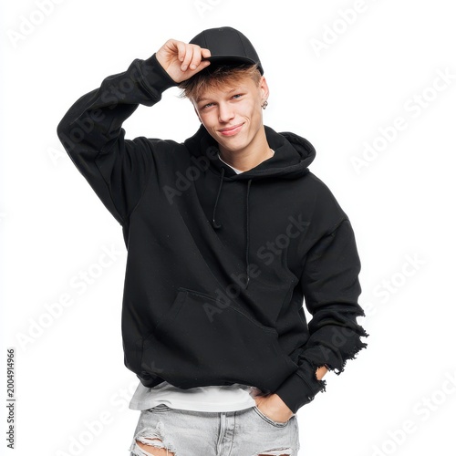 handsome gen Z boy wearing a black hoodie isolated on a white background